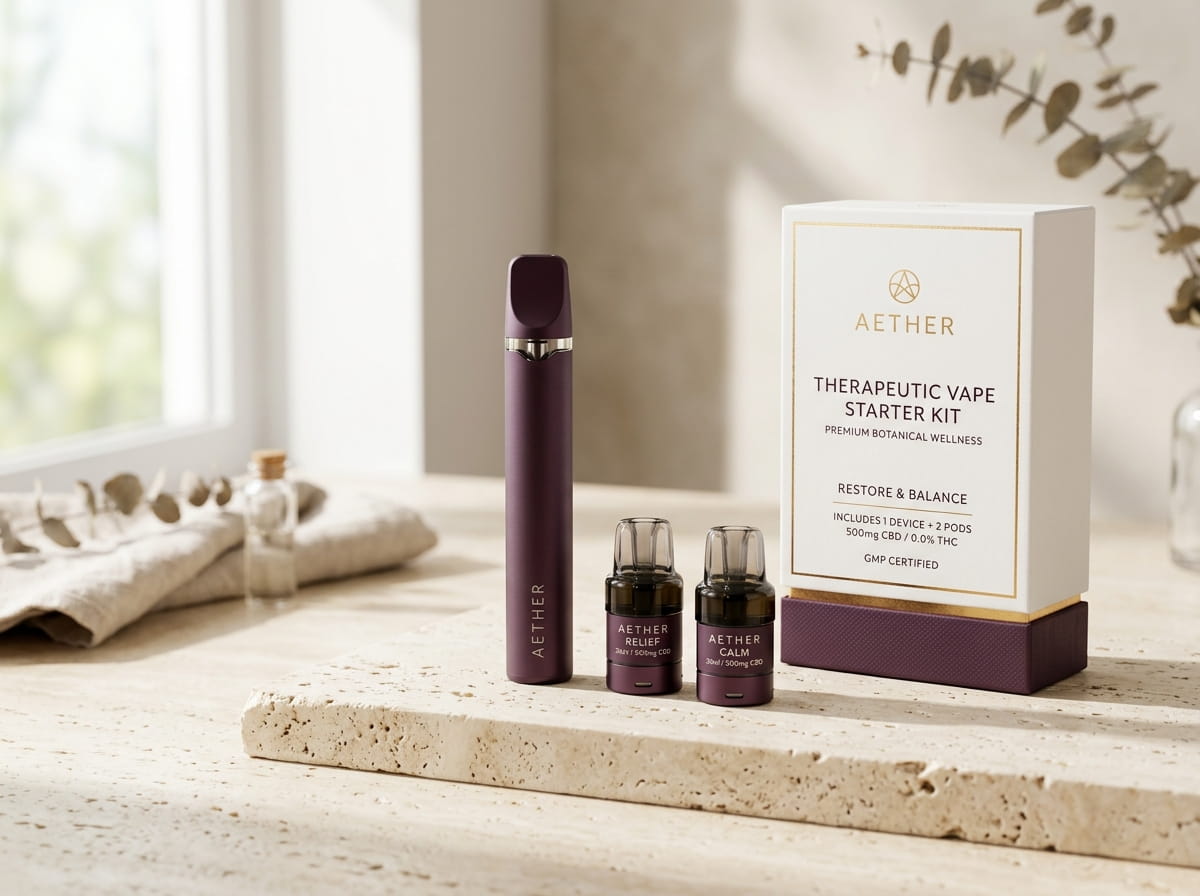 Aether Therapeutic Vape Starter Kit displayed on a stone slab near a window, featuring a dark purple vape device, two small amber bottles, and a white product box with gold detailing.